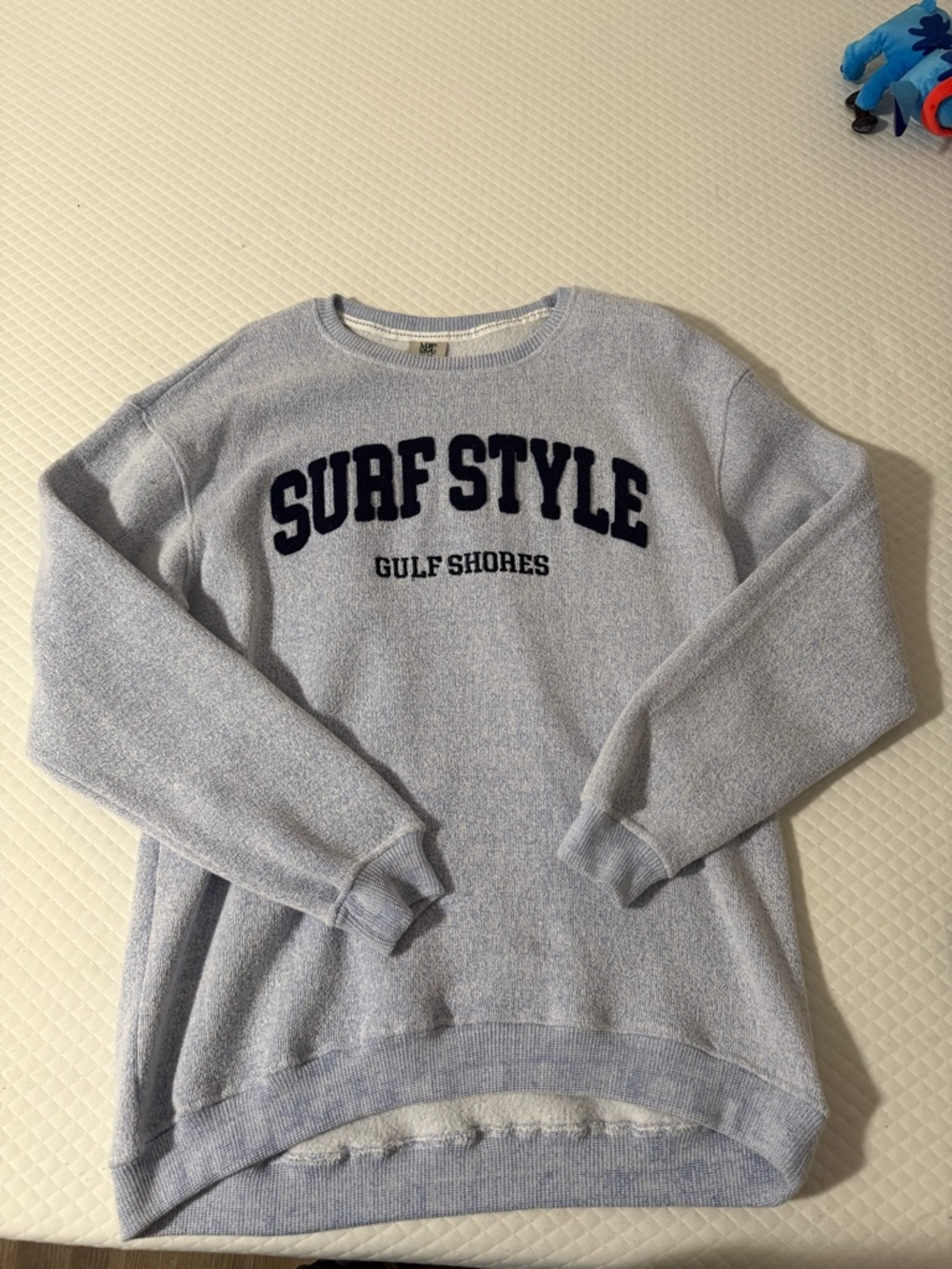Surf Style Light Blue Crewneck Sweatshirt with Navy Lettering